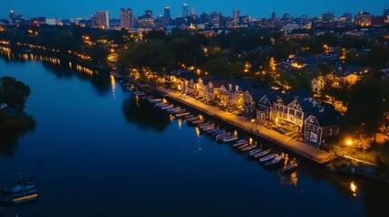 Naklejka premium Philadelphia aerial view featuring Boathouse Row along the Schuylkill River at night