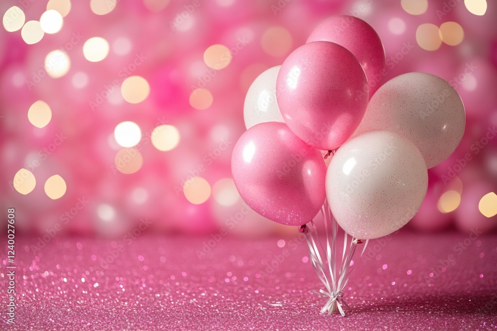 Aufkleber pink and white balloons float against a sparkling background with soft bokeh lights