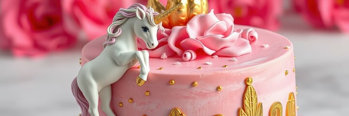 Delightful unicorn cake topped with a gold crown and pink rose in a dreamy setting