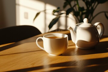 Fototapeta premium Sunlit Teacup And Teapot On Wooden Table