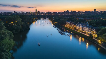 Fototapeta premium Philadelphia aerial view featuring Boathouse Row along the Schuylkill River at night