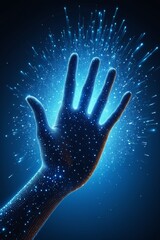 a close up of a hand reaching up to a star filled sky