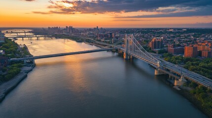 Fototapeta premium Philadelphia aerial view highlighting the Delaware River and the Benjamin Franklin Bridge