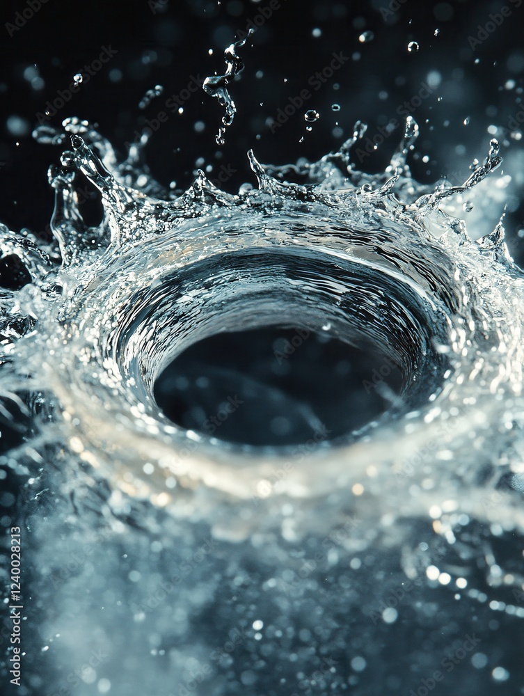 Poster dynamic water vortex with splashes and droplets against dark background in high speed motion
