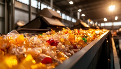 Fototapeta premium Plastic Bottles Recycling Process Inside Factory