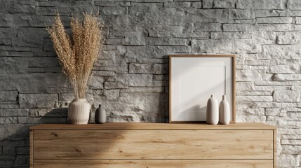 Wooden console, pampas grass, frame mockup, brick wall, sunlit room, interior design
