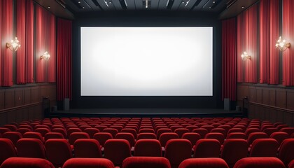 Movie cinema hall interior with red rows of seats and white blank mockup screen.
