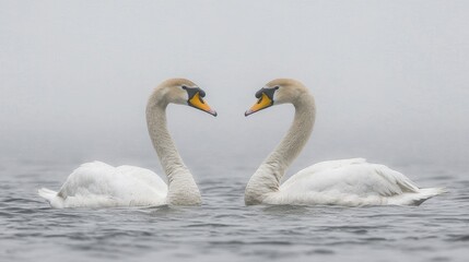 Fototapeta premium Graceful swans swimming together in a misty lake nature photography serene environment intimate viewpoint