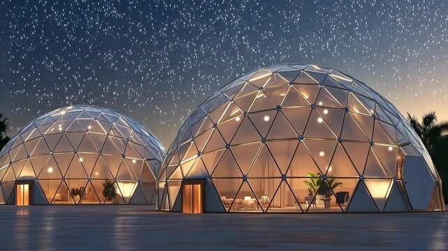 Unique geodesic domes illuminated under a starry night sky in a tranquil outdoor setting