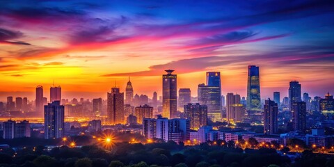 Obraz premium Softly focused cityscape at sunset with warm orange and pink hues blending into a gradient of deep blues and purples, colorful gradient, sunset