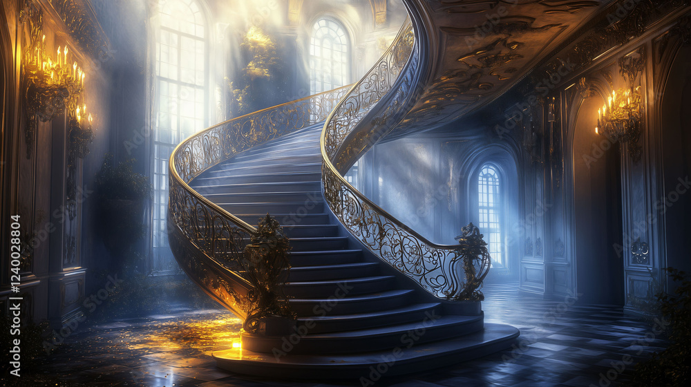 Poster elegant spiral staircase in an upscale setting illuminated by soft light. generative ai