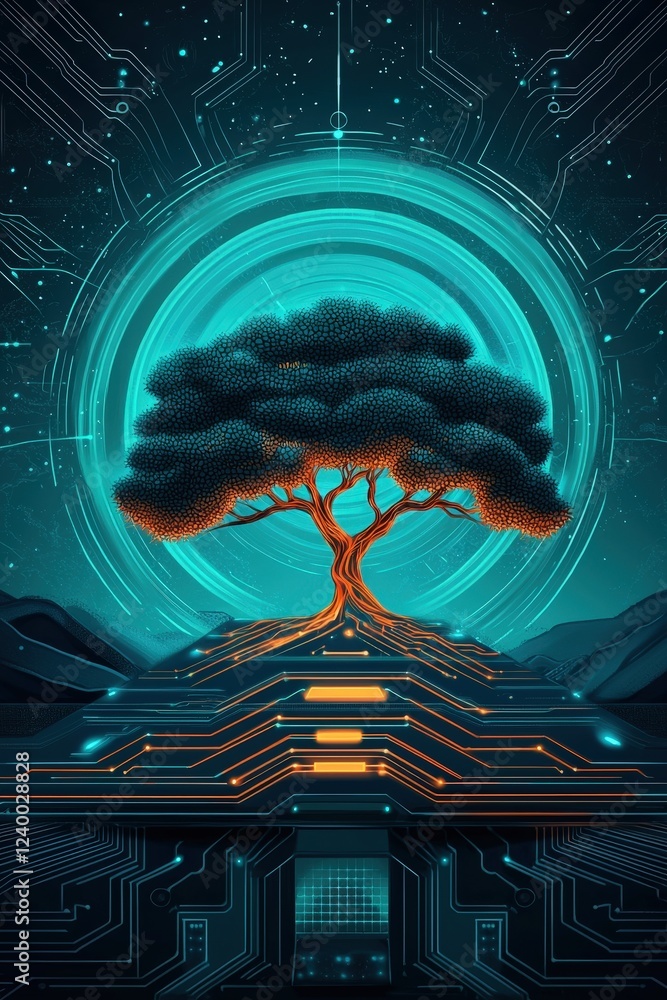Poster futuristic tree with circuit board elements