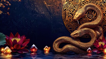 Obraz premium Scene of a chinese snake intertwined with gemstone lotus flowers in a serene water environment