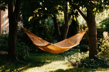 Hammock Hanging Between Two Trees In A Lush Garden