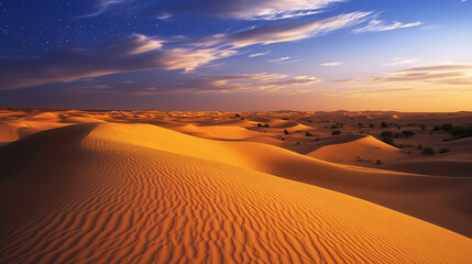 Expansive Desert Landscape Under Twilight Sky With Clouds and Stars. Generative AI