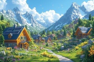 Mountain village, solar homes, spring, path