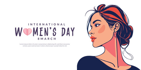 Happy women's day greeting or wishes card social media banner or poster design with woman side face vector illustration silhouette, women's rights, equality, girls, template, horizontal, celebration