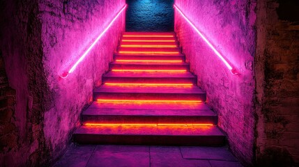 Neon-lit stairs, stone passage, night club