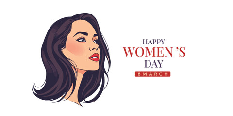 Happy women's day greeting or wishes card social media banner or poster design with woman side face vector illustration silhouette, women's rights, equality, girls, template, horizontal, celebration