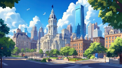 Obraz premium Philadelphia skyline with a clear view of the historic City Hall and modern skyscrapers
