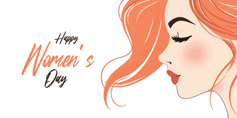 Happy women's day greeting or wishes card social media banner or poster design with woman side face vector illustration silhouette, women's rights, equality, girls, template, horizontal, celebration