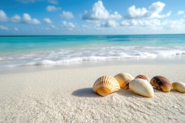 Obraz premium tropical paradise vista with scattered seashells on pristine sand