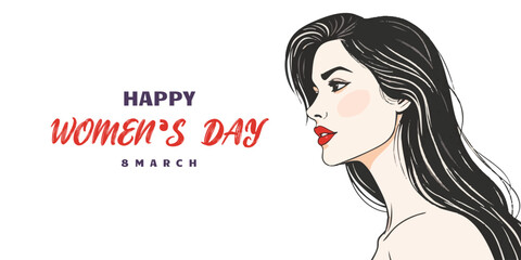 Happy women's day greeting or wishes card social media banner or poster design with woman side face vector illustration silhouette, women's rights, equality, girls, template, horizontal, celebration