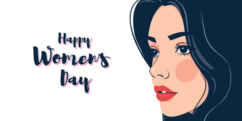 Happy women's day greeting or wishes card social media banner or poster design with woman side face vector illustration silhouette, women's rights, equality, girls, template, horizontal, celebration