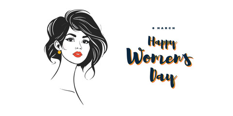 Happy women's day greeting or wishes card social media banner or poster design with woman side face vector illustration silhouette, women's rights, equality, girls, template, horizontal, celebration