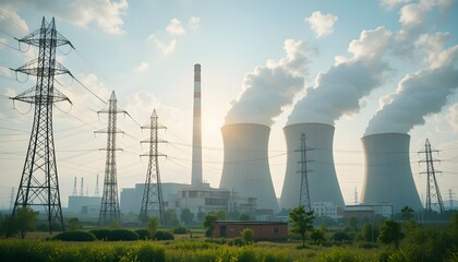 Modern power plant generating electricity with sustainable green strategies to reduce CO2 emissions. Clean energy initiatives and renewable resources for a greener future. 