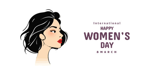 Happy women's day greeting or wishes card social media banner or poster design with woman side face vector illustration silhouette, women's rights, equality, girls, template, horizontal, celebration
