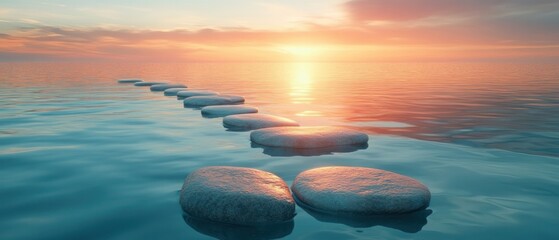 Stones in the Lake at Sunset