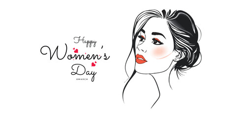 Happy women's day greeting or wishes card social media banner or poster design with woman side face vector illustration silhouette, women's rights, equality, girls, template, horizontal, celebration