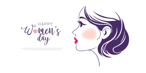 Happy women's day greeting or wishes card social media banner or poster design with woman side face vector illustration silhouette, women's rights, equality, girls, template, horizontal, celebration