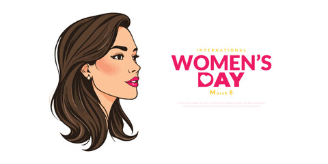 Happy women's day greeting or wishes card social media banner or poster design with woman side face vector illustration silhouette, women's rights, equality, girls, template, horizontal, celebration