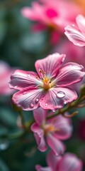 Delicate pink flowers glisten with water droplets in a vibrant garden setting during the springtime