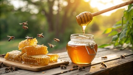 A jar of golden honey sits on a rustic wooden table, glistening under 