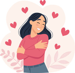 Illustration of a cheerful woman hugging herself with a warm smile, reminding of self-love and positivity.
