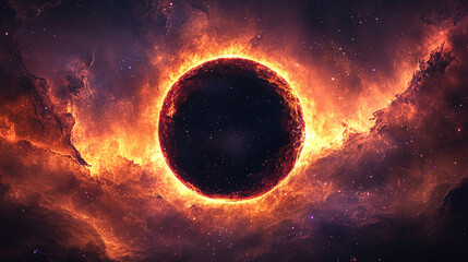 A vibrant black hole in deep space with an abstract 'O' shape, surrounded by sparks of light, symbolizing chaos, mystery, and the unknown, set against a starry field.

