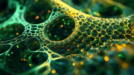 Pouring techniques used to create intricate cellular patterns in luminous neon green and gold