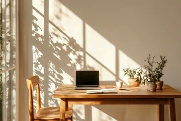 Sunlit Workspace With Laptop Plants And Notebook