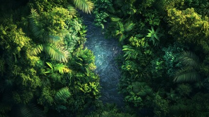 Rainforest aerial photo capturing diverse vegetation with a stream glimmering through the canopy