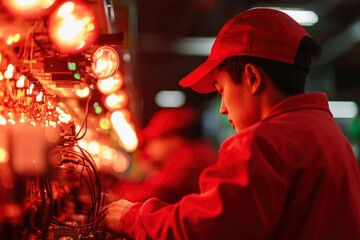 Obraz premium Factory Worker Assembling Electronic Components Under Red Lighting