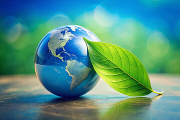 Green leaf beside Earth globe on table, nature bokeh background, eco concept