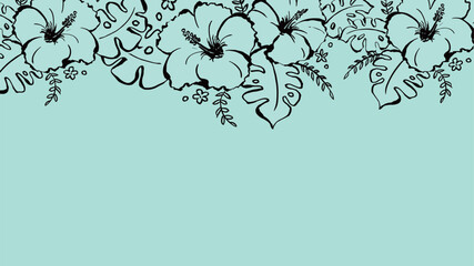 ミントグリーンの背景にハイビスカスの飾り