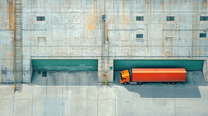 Aerial view of orange semi-truck parked at loading dock.
