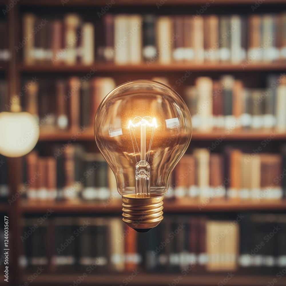 Poster illuminating ideas: a glowing lightbulb in a library setting