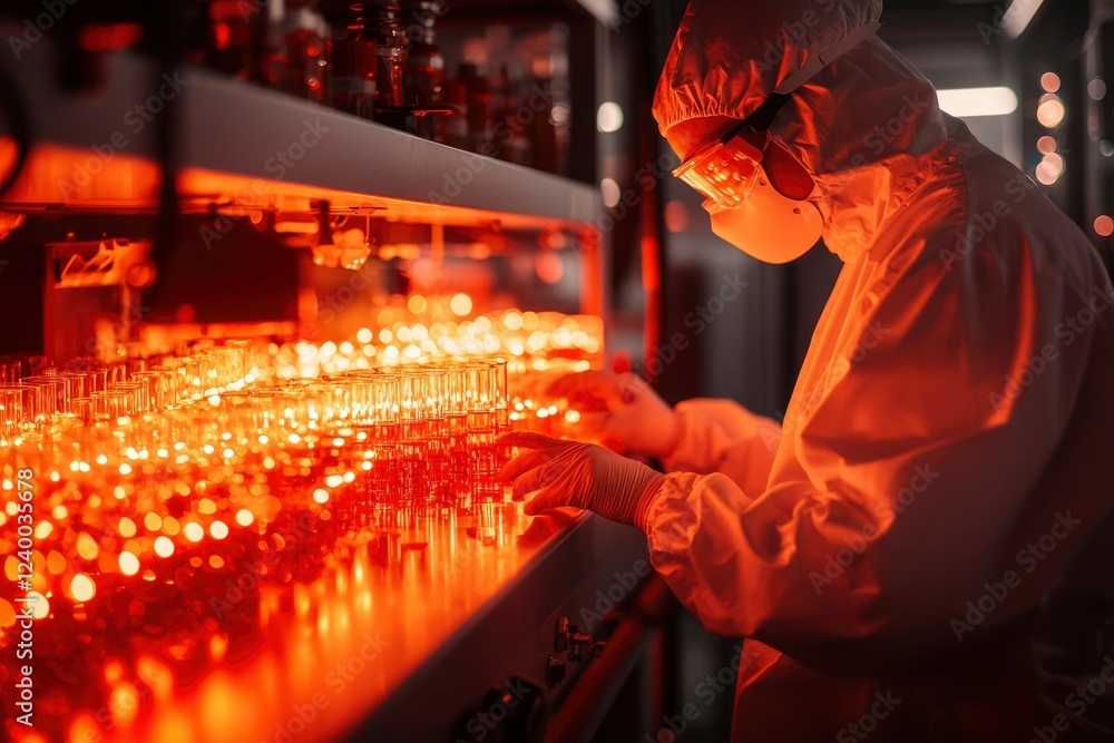 Poster technician handling samples in a glowing laboratory setting