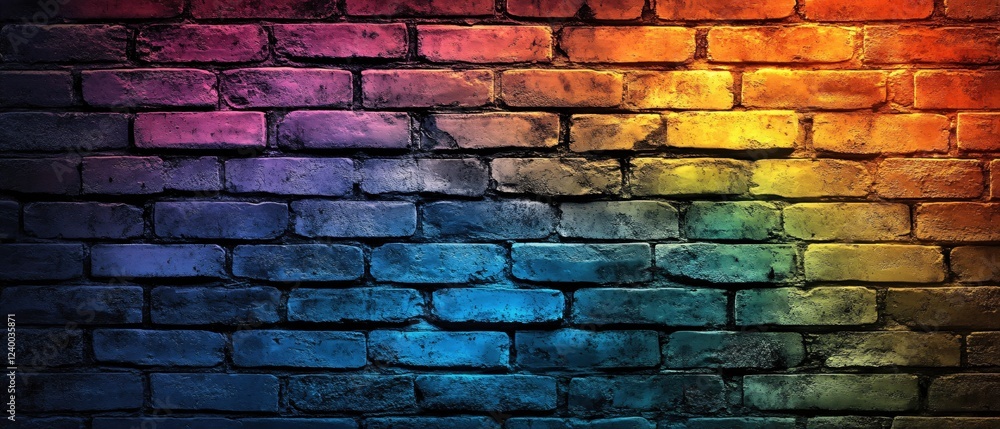 Poster vibrant brick wall with gradient color transition from blue to yellow creating a modern design