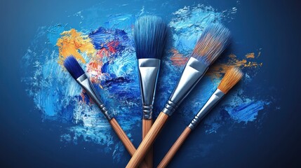 Fototapeta premium Four paintbrushes on blue paint strokes.